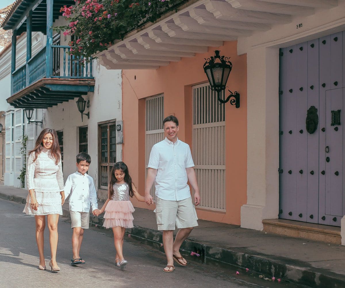 Family walking in the streets of Cartagena