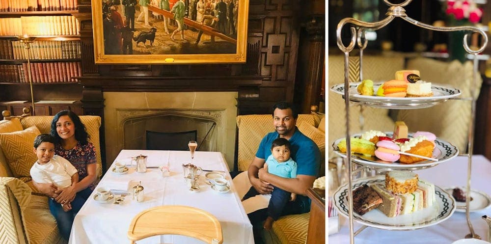 Left Image: A family enjoys afternoon tea at the Milestone Hotel in London. Right Image: A tray of tea delights.