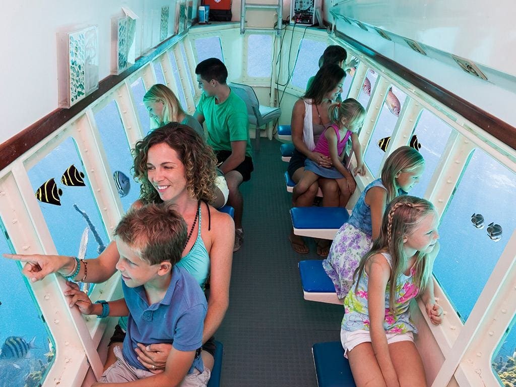 Inside a Seaworld Explorer Semi-Submarine, several families look out a window at colorful fish.