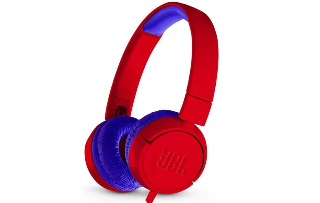 A product shot of the JBL JR300 Kids Folding On-Ear Headphones, in red and blue, one of the best travel headphones for kids.