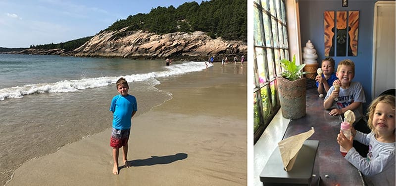 On the left, a young boy stands among the waves on a sandy beach. On the right, three children enjoy ice cream cones.