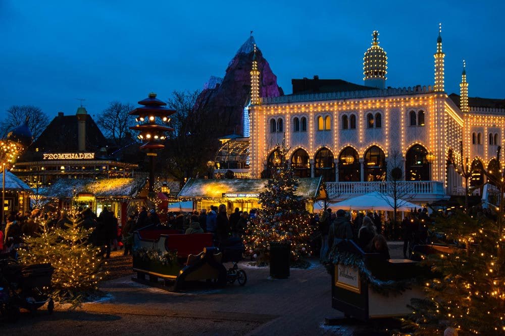 The Tivoli Christmas Market, lit up with twinkling Christmas light.