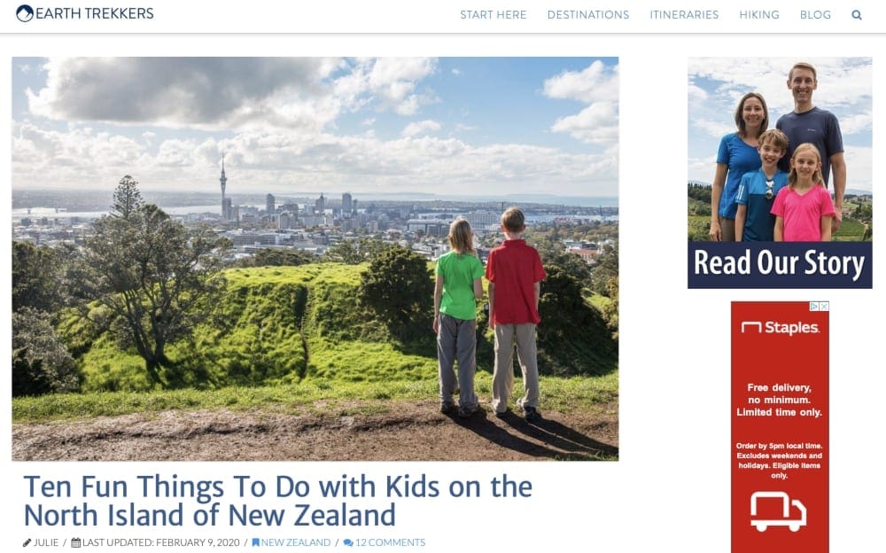 Website screenshot by the Earth Trekkers, featuring the Ten Fun Things To Do with Kids on the North Island of New Zealand.