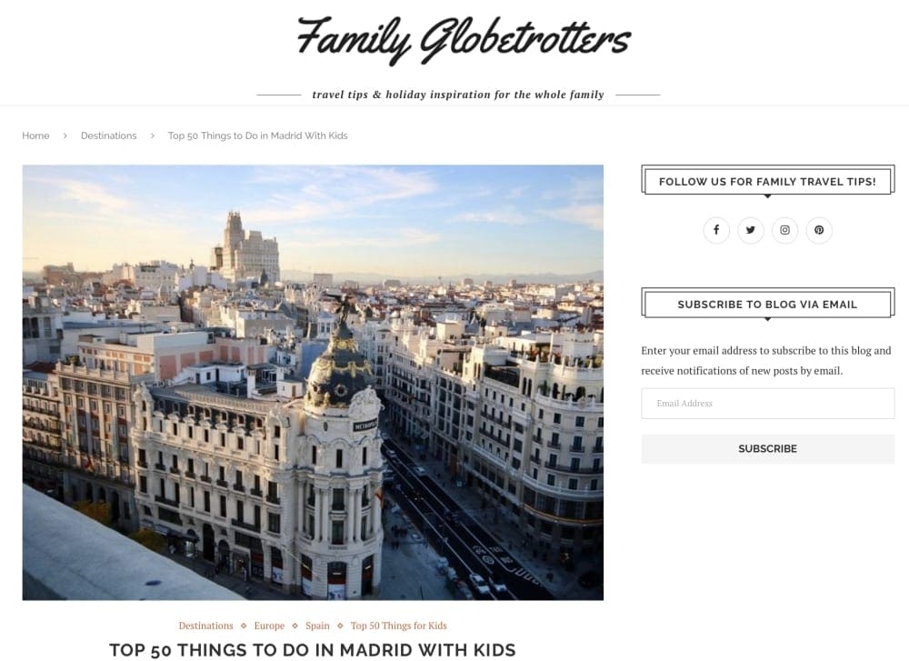 Website snapshot of the Family Globetrotters webpage, Madrid with Kids.