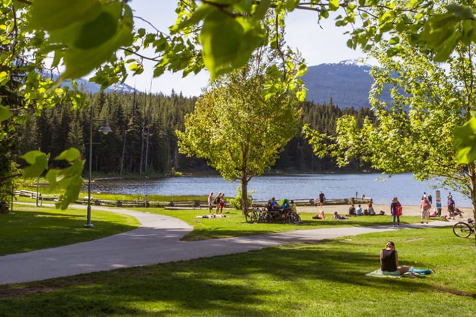 Lakeside Park during a sunny, summer day with a few guests wandering the grounds.