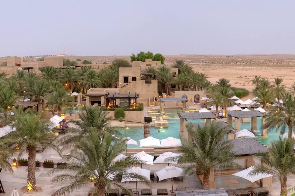 The outdoor pool at the Bab Al Shams Desert Resort & Spa, like an oasis in the desert.