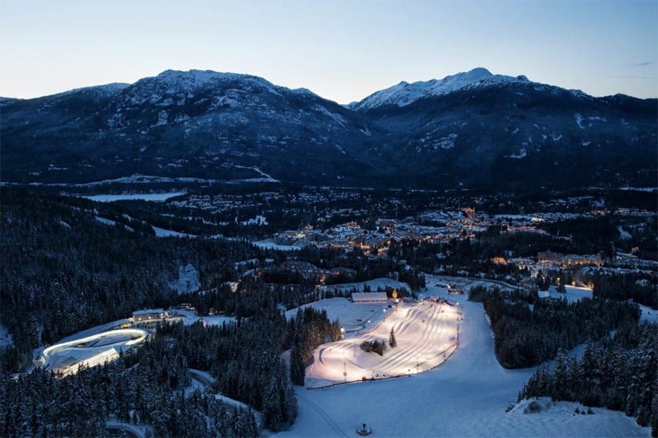 A night-time aerial view of Bubly Tube Park.