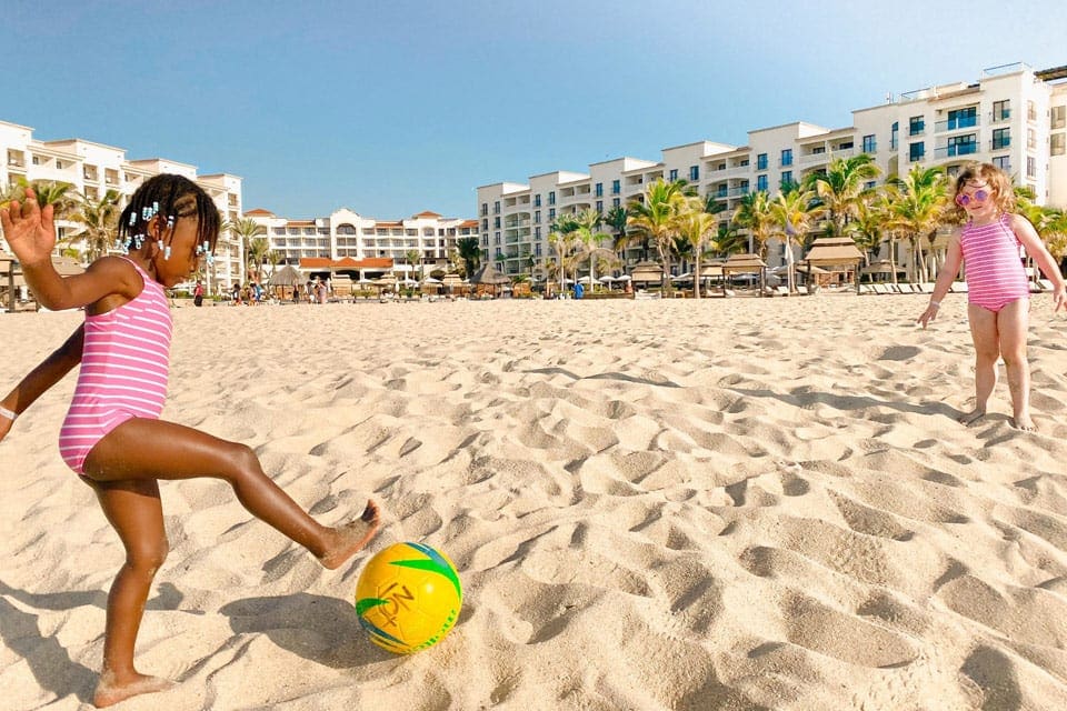 Kids enjoy some beach soccer at Hyatt Ziva Los Cabos.