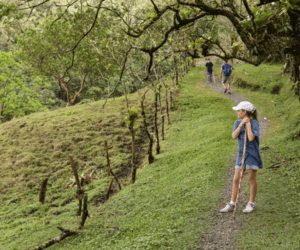 Girl holding a stick in a green rolling hills while hiking in La Fortuna Costa Rico