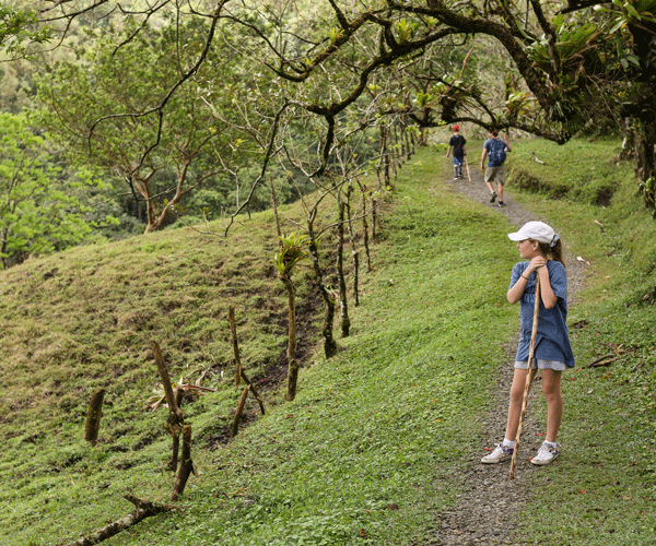 Girl holding a stick in a green rolling hills while hiking in La Fortuna Costa Rico