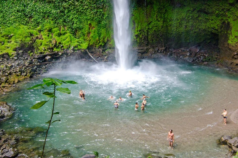 A handful of swimmers enjoy a nice day in the water at La Fortuna Waterfall.