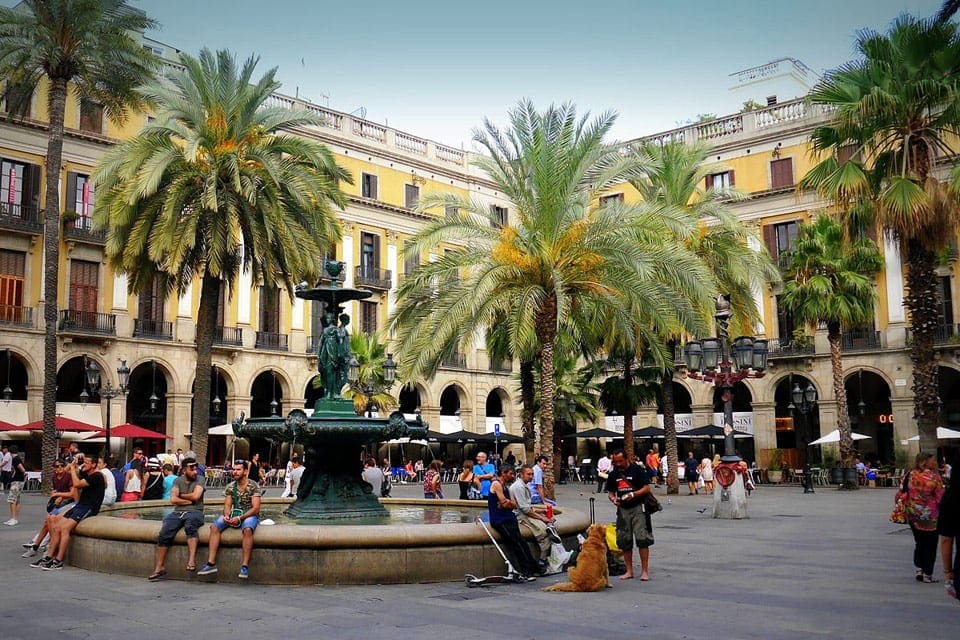 Several palm trees line a plaza, featuring a fountain in La Rambla.