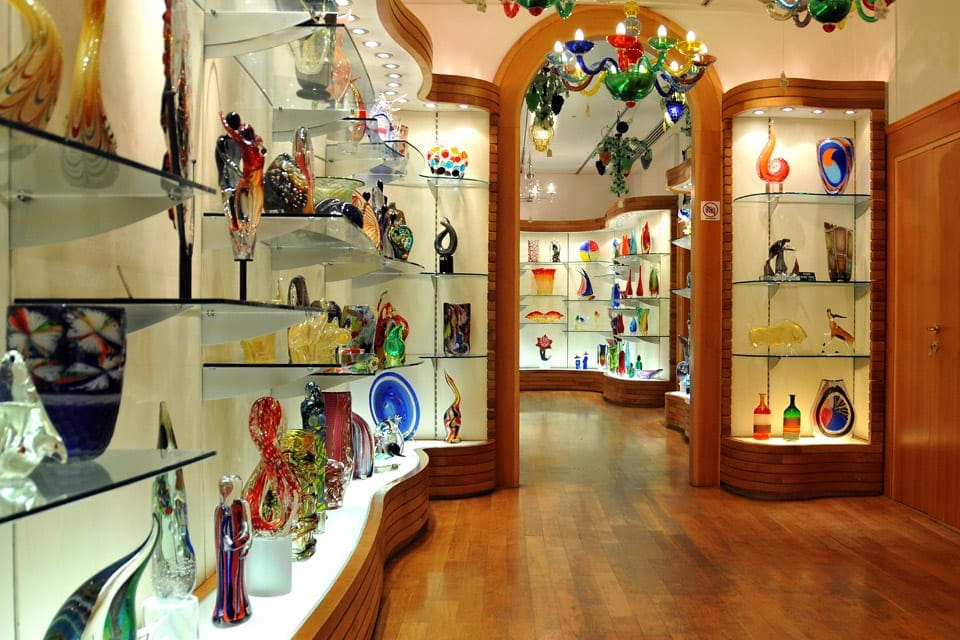 A store selling handmade glass in Murano, Venice, one of the best places to visit on an Venice itinerary with kids.