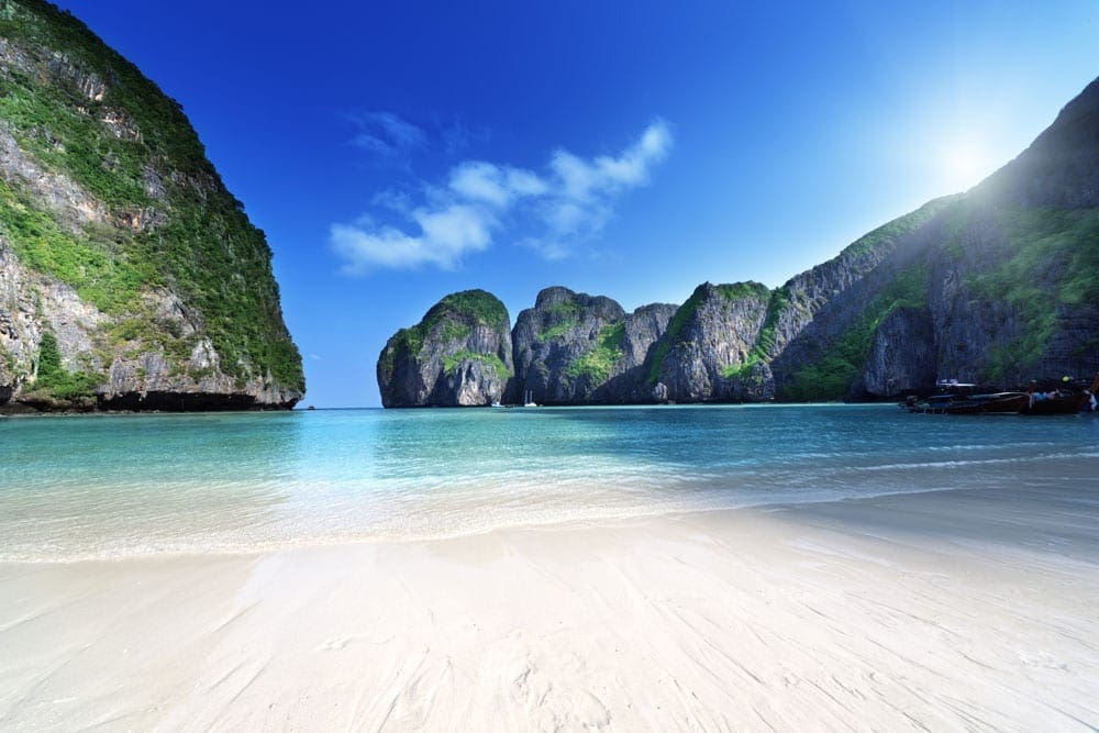 A view of Maya Bay Beach, Thailand, one of the stops on our virtual travel from home to Bangkok.