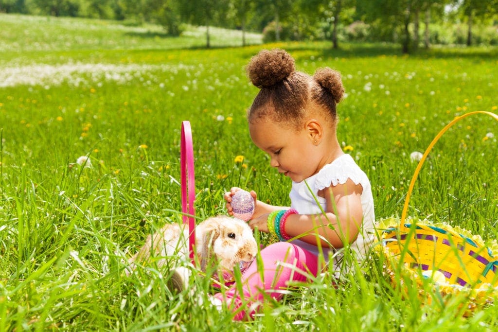 Small girl with an Easter egg sits near an Easter basket and bunny in green field.