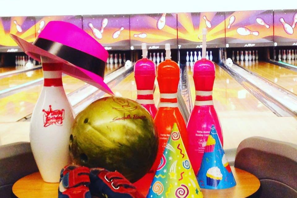 A bowling set up with bright colors at Yerba Buena Ice Skating and Bowling Center.