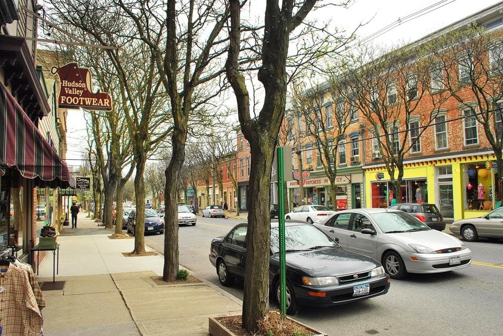 Street with building in Rhinebeck, NY, one of the Best Cute Towns To Visit With Kids Near NYC.