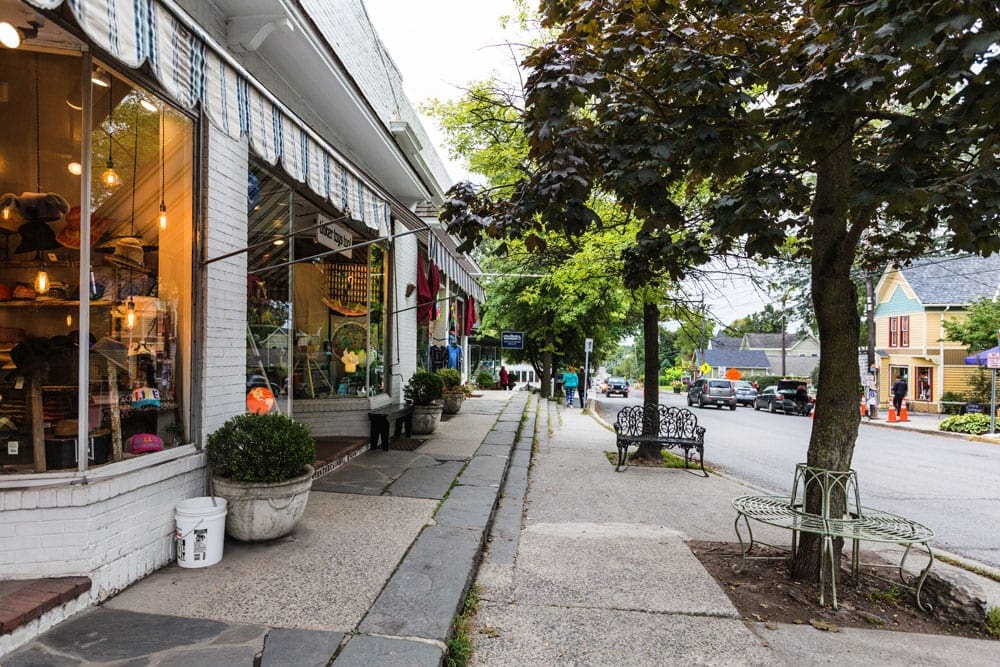 View of street with stores in Woodstock, New York.