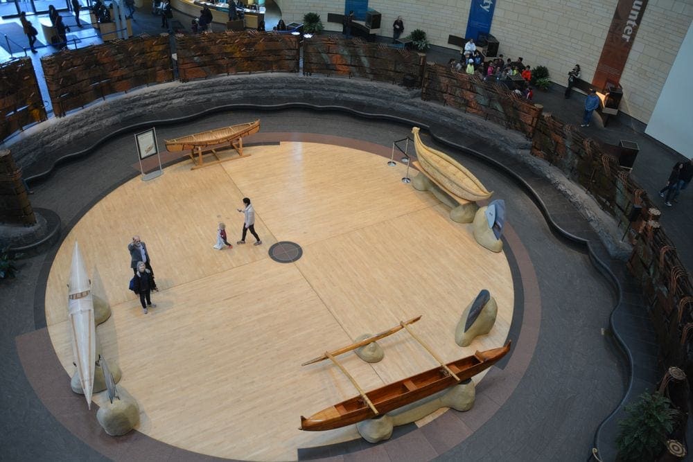 Looking down into an exhibit on water crafts at the American Indian Museum. One of the 9 Things to Do Washington DC with Kids.