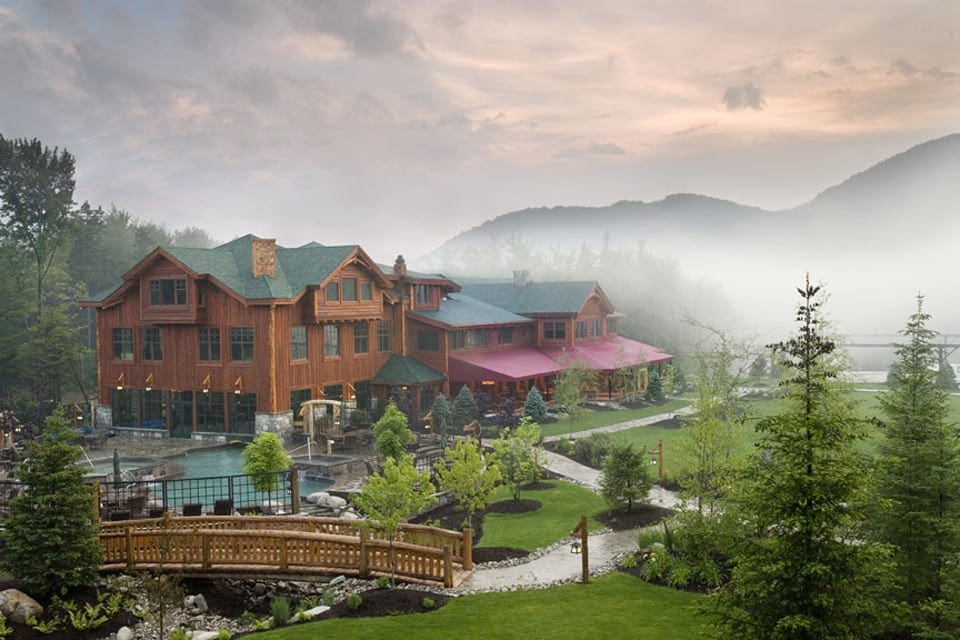 A view of the Whiteface Lodge, one of the best family resorts in New York State, on a misty morning in New York.