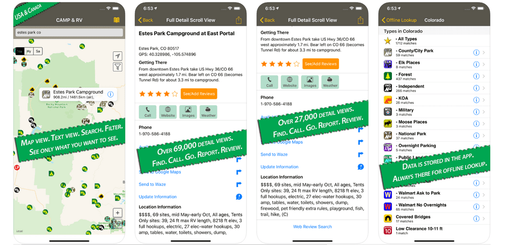 View of four screens of the Allstays App featuring Camp & RV options across Colorado.