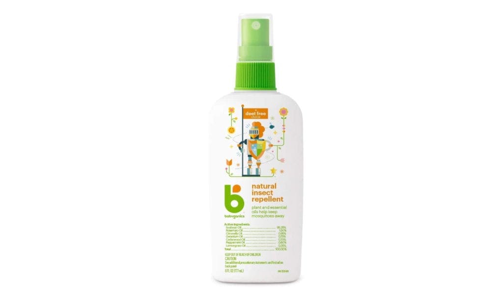 Spray bottle of Babyganics, a natural insect repellent. It is one of the best bug sprays for babies and kids.