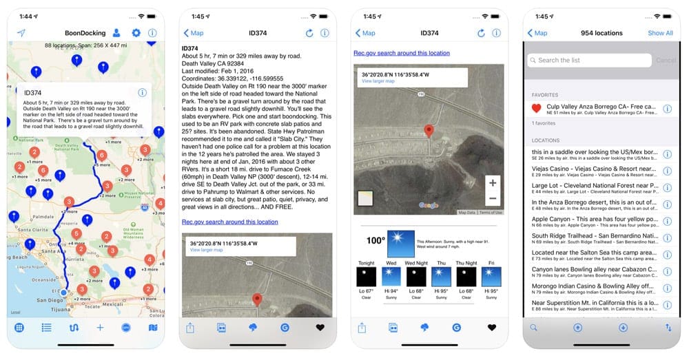 Boondocking app screen shot, one of the Road Trip Planning Apps. 