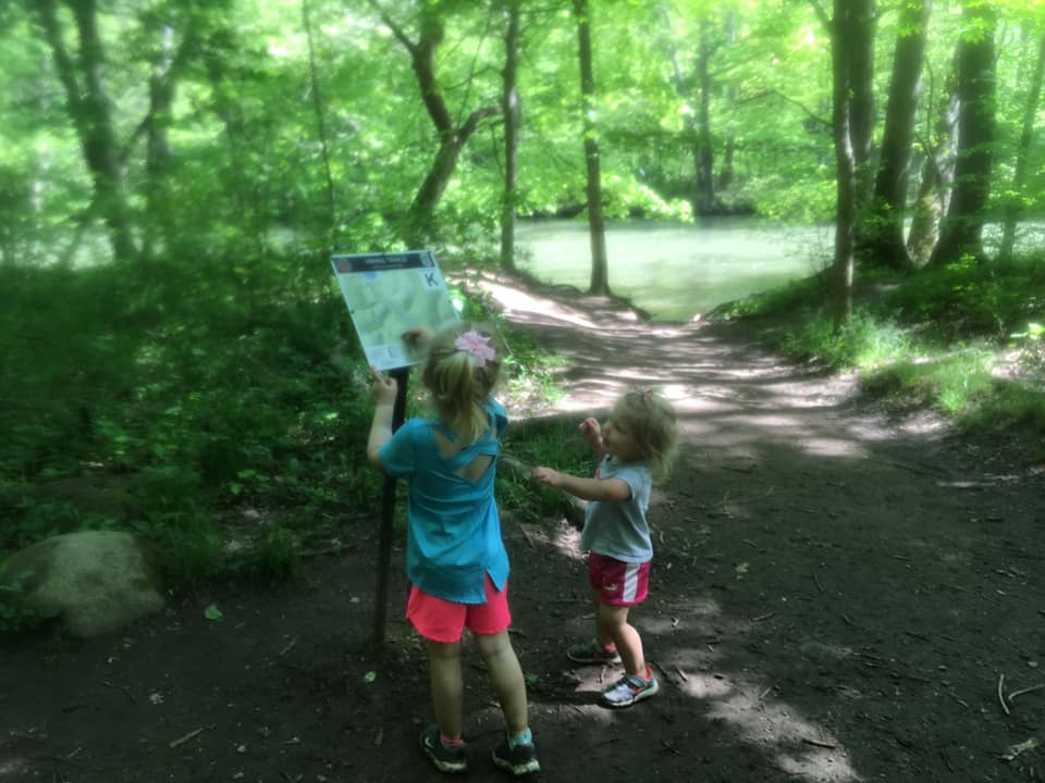Two girls looking at a map at Mohican State Park, one of the best Midwest State Parks