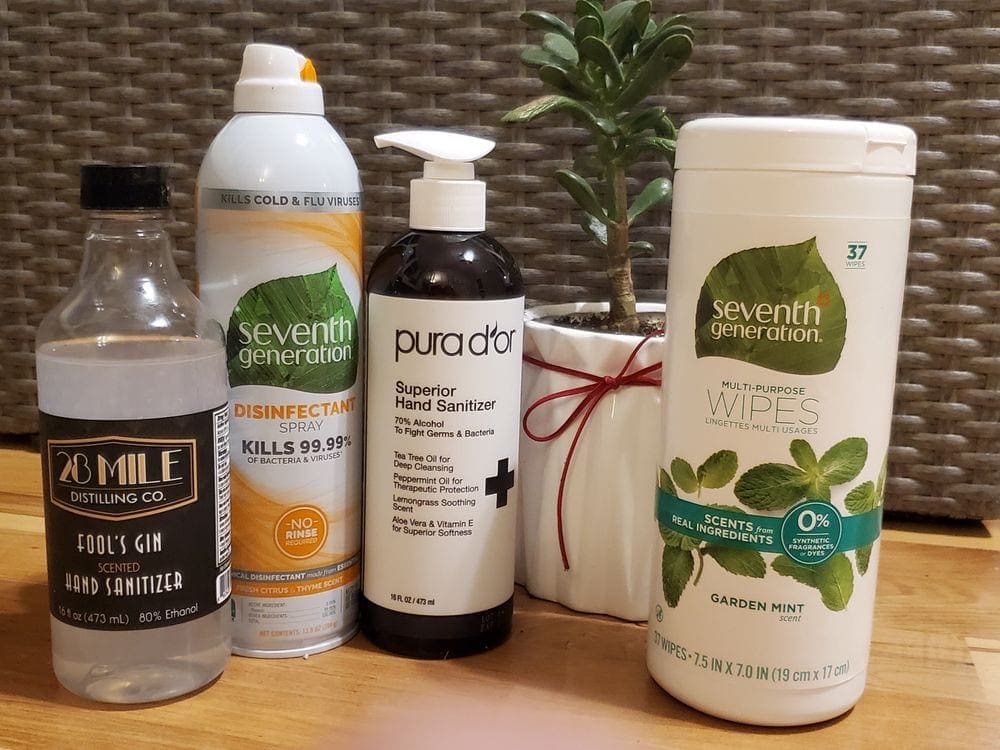 Several bottles of sanitzing products. Packing sanitizing products is a critical Coronavirus Travel Tips For Families.