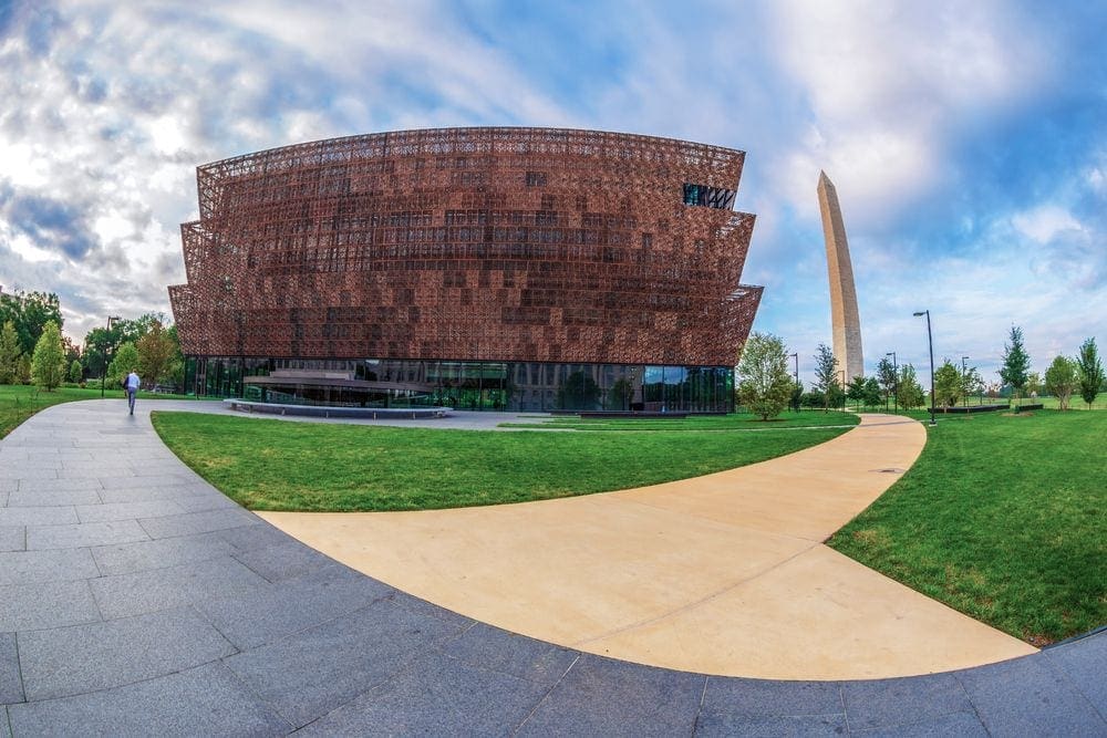 A view of the outisde of the Smithsonian National Museum of African American History & Culture in Washington DC.