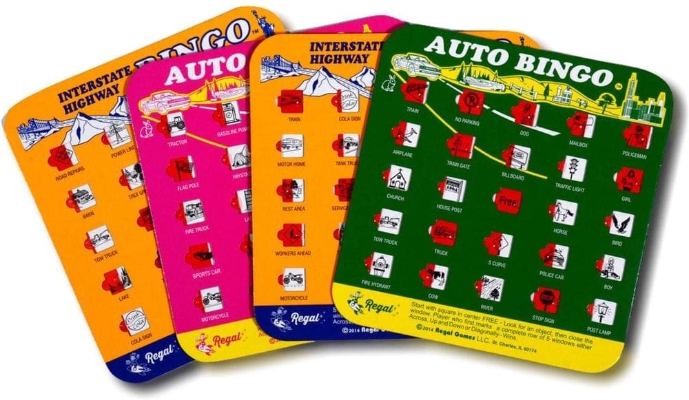 Four bing cards featuring travel themed bingo spaces. Travel Bingo is a highly entertaining family road trip game.