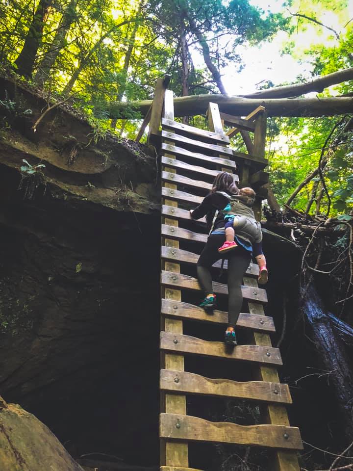 A women carrying a baby on her back in a carrier climbing stairs at the Turkey Run State Park one of the Best Midwest State Parks.