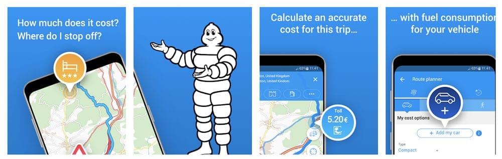 A view of four screens featuring the unique options offered by the ViaMichelin app.