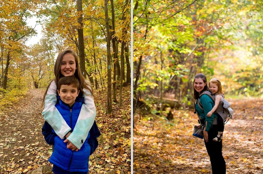 Left image: A sister hugs her brother in an enchanting fall forest near Kent, one of the best places to visit for fall in New England with kids. Right Image: A young girl rides her mothers back as they hike on a golden-hued forest path.