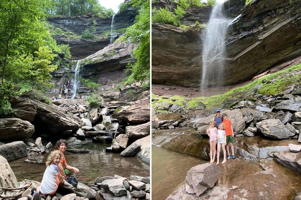 Two kids at Kaaterskills Falls in the Catskills, one of the best places to stop on an NYC to Niagara Falls itinerary for families.