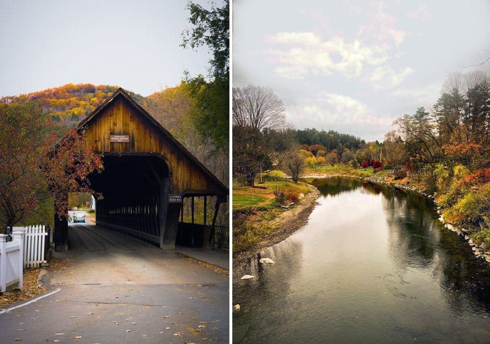 Left Image: A charming cover bridge stands over an empty road in Woodstock, one of the best places to visit for fall in New England with kids. Right Image: A Vermont river snakes through fall foliage in hues of red, orange, and brown.