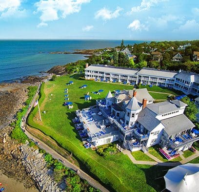 An aerial view fo Beachmere Inn along the coast of Maine.