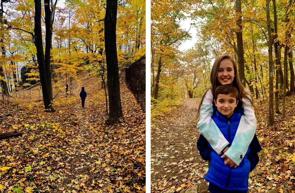 Left image: a lone hiker is seen dark agains the golden hues of the fall forrest. Left image: A sister hugs her brother in an enchanting fall forest. 