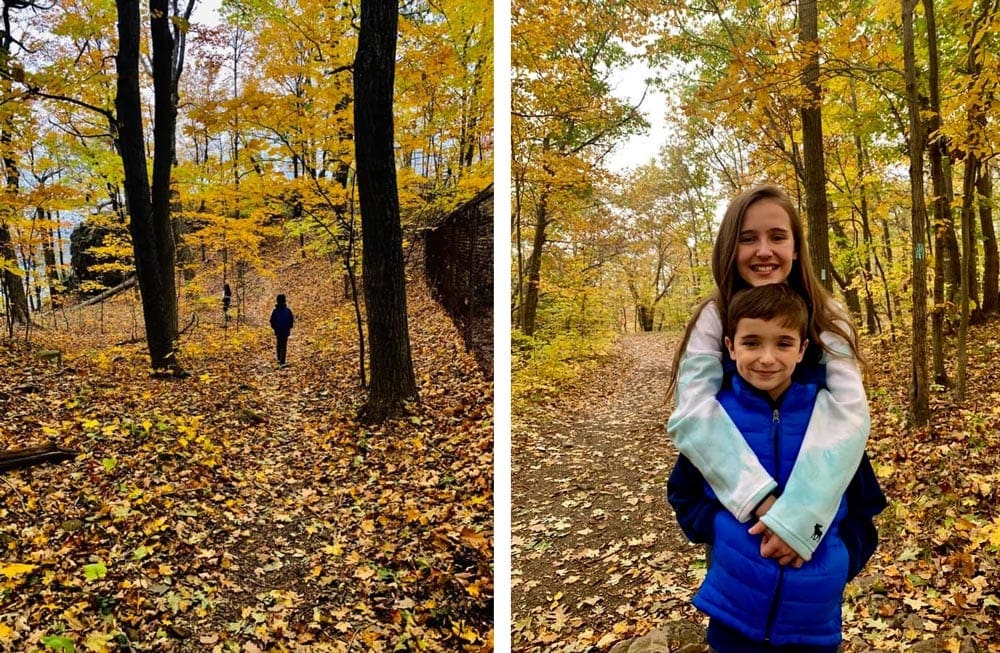 Left image: a lone hiker is seen dark agains the golden hues of the fall forrest. Left image: A sister hugs her brother in an enchanting fall forest.