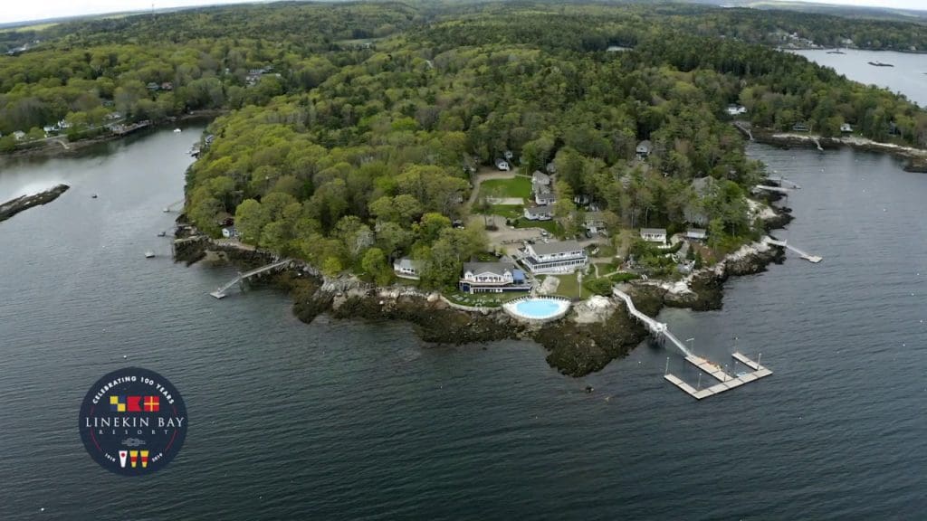 An aerial view of Linekin Bay Resort, one of the best Maine hotels for families.
