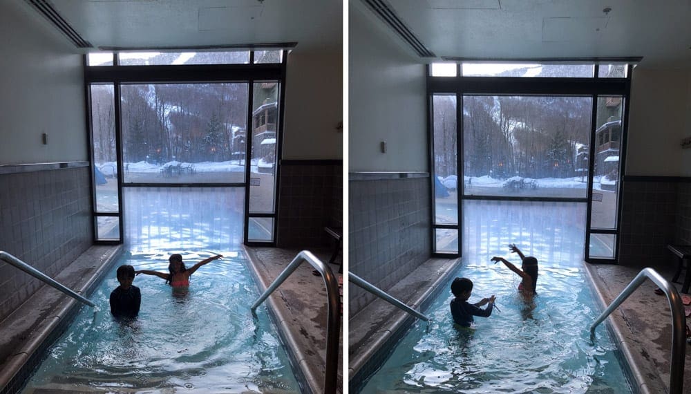 Left image: Two kids play in a cozy pool at the Lodge at Spruce Peak. Right Image: Two kids enjoy time in a small pool at the Lodge at Spruce Peak.