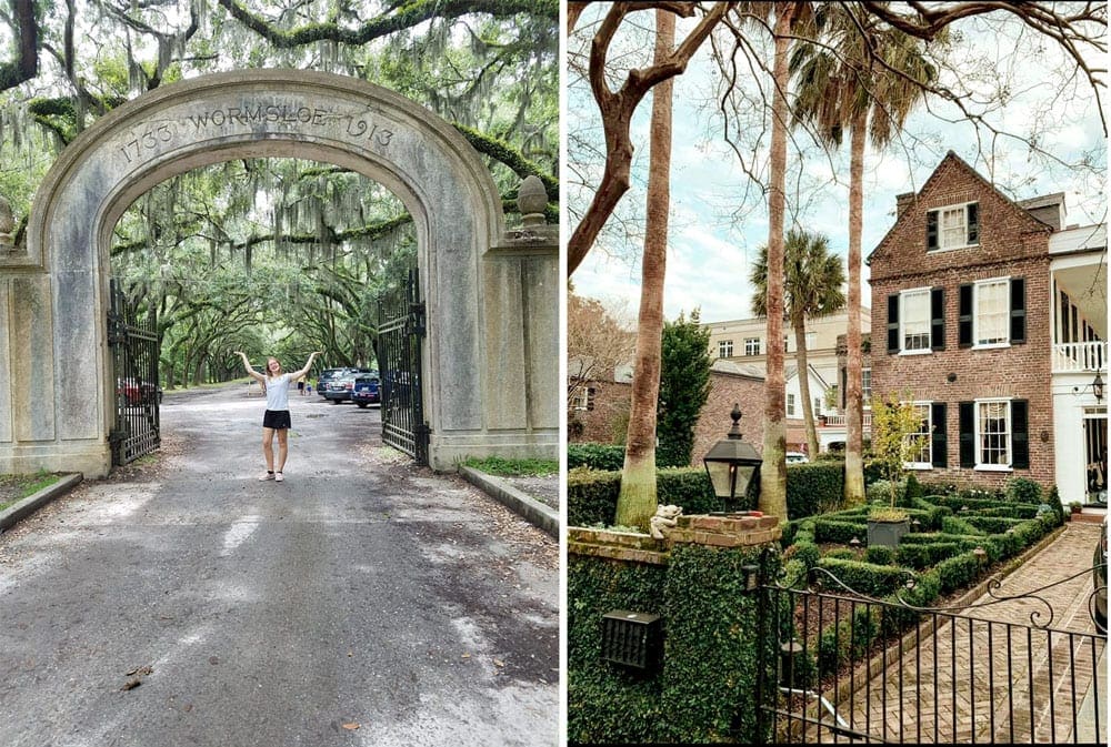 Left Image: A teenage girl throws her hands high in the air while standing under Wormsloe sign in Savannah, GA. Right Image: A historic brick home stands behind a immaculately manicured yard.