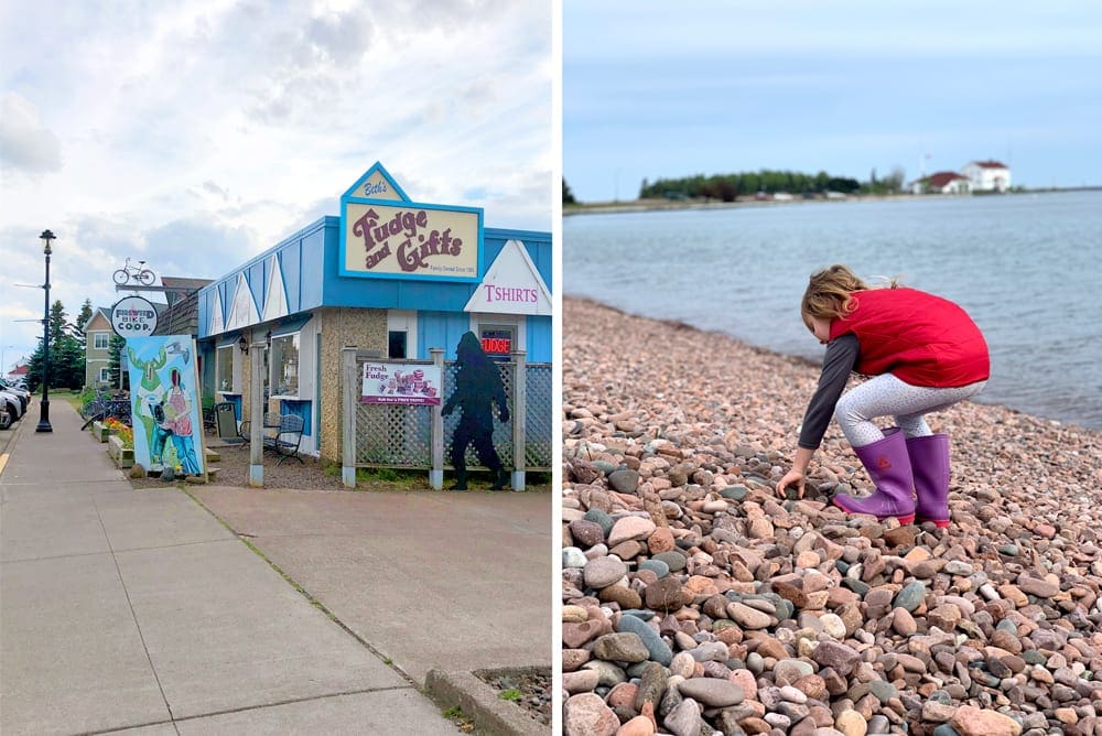 Left image: A view down the street, featuring Beth's Fudge, in Grand Marais, Minnesota. Right Image: A young girl wearing a red vest picks up stones along the Lake Superior beach in Grand Marais, Minnesota.
