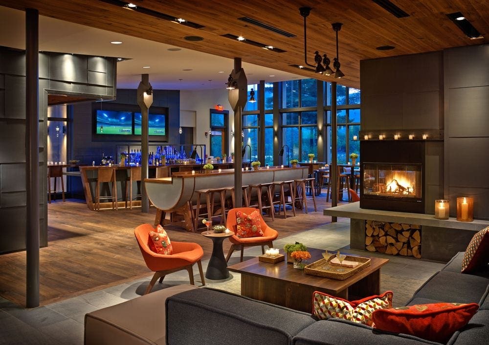 A view of the lounge, fire place, and cozy bar at the Topnotch Resort, Stowe Vermont.