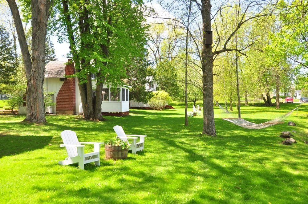 Pristine green grounds showcase white adirondack chairs, a hammock, and a cozy building in the background.