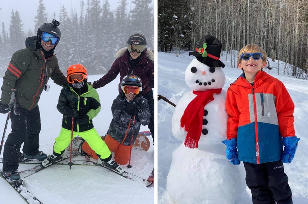 Left Image: A family of four outfitted in full ski gear stands on skis on a snowy day at Snomass. Right Image: A young boy wearing sunglasses and a huge smile stands next to a classically made snowman.