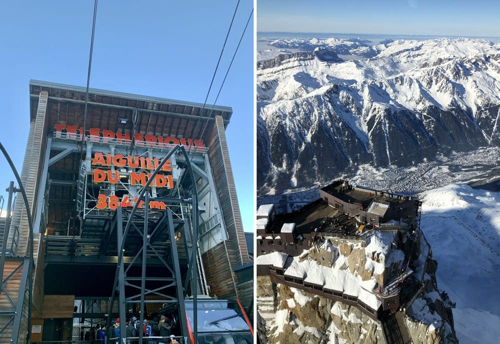 Left Image: a building in Aiguille du Midi, featuring tall glass windowns. Right Image: A sweeping vista of Aiguille du Midi.