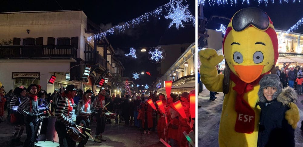 Left Image: A view of the parade of ski instructors, one of the things to do in Chamonix with kids. Right Image: A young girl stands with a duck mascot wearing ski google on its head.