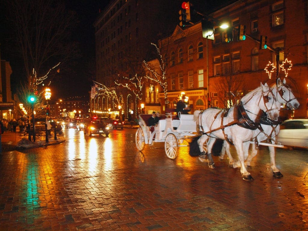 Two white horses pull a carriage down a street in Lehigh Valley, PA, one of the best Christmas towns in the Northeast.
