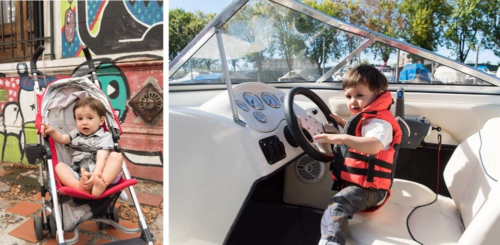 Left photo of a toddler in a stroller with graffiti on the background and photo on the right has a sale toddler holding a boat steering wheel